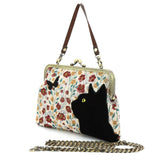 Velvet black cat on a floral embroidery kiss lock vintage style handbag