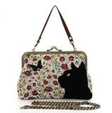 Velvet black cat on a floral embroidery kiss lock vintage style handbag
