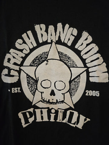 black tee white print CRASH BANG BOOM established 2005 with skull and star and Philly