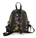 black vinyl mini backpack with colorful sugar skull all over print