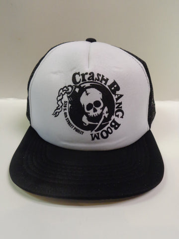 Crash Bang Boom Philly black and white trucker hat with Crash Bang Boom branding