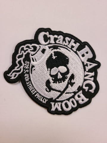 Crash Bang Boom black and white embroidered skull bomb patch