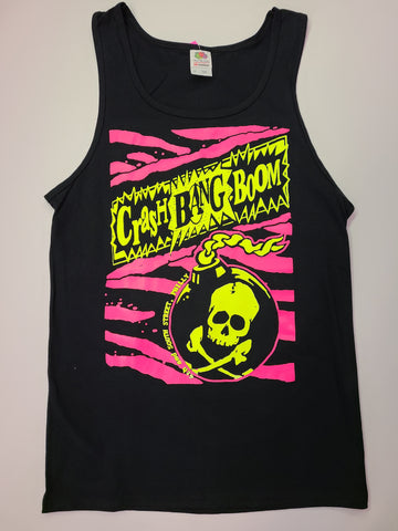 Crash Bang Boom Pink Lemonade Unisex black Tank Top with neon pink amd neon yellow skull bomb print