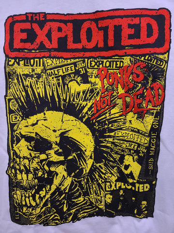 Exploited logo and Punks Not Dead red print fliers collage yellow on white tee