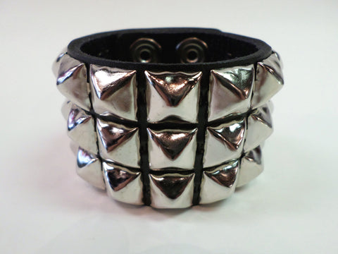 3 Row Pyramid Stud Snap Leather Bracelet