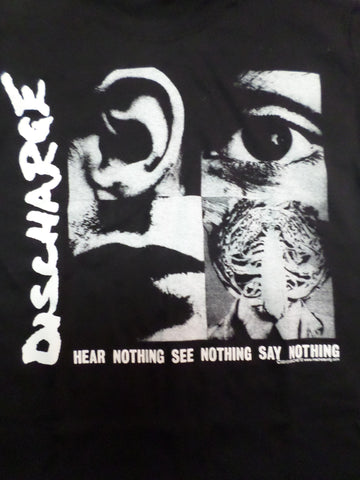 discharge black tee with hear nothing, see nothing and say nothing print with ear, eye and mouth