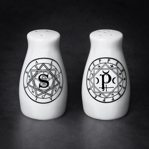 white salt and pepper set s and p alchemy symbols