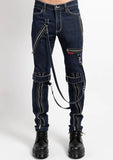 blue denim bondage pant with straps and zippers