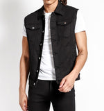 slim fit black denim vest with button closure chest pockets and side hand pockets
