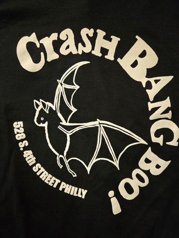 Bat Bang Boo black tshirt with white print of bat and Crash Bang Boo logo