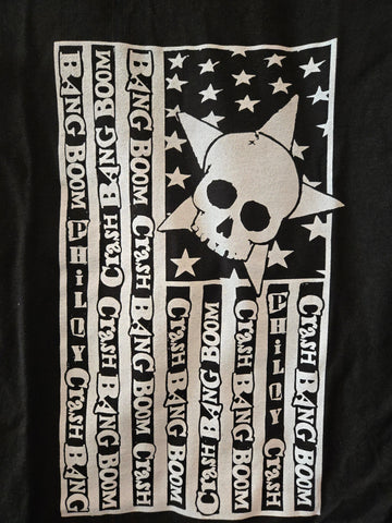Black t-shirt with white graphic design featuring a skull, stars, and 'Crash Bang Boom' text on a black background.