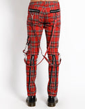 red tartan plaid bondage pants with straps and zippers 