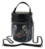 Jack o lantern harvest black faux leather cylinder handbag with skeletons and jack o lantern text says long live the harvest