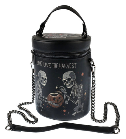 Jack o lantern harvest black faux leather cylinder handbag with skeletons and jack o lantern text says long live the harvest