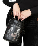 Jack o lantern harvest black faux leather cylinder handbag with skeletons and jack o lantern text says long live the harvest
