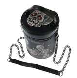 Jack o lantern harvest black faux leather cylinder handbag with skeletons and jack o lantern text says long live the harvest top is skull graphic