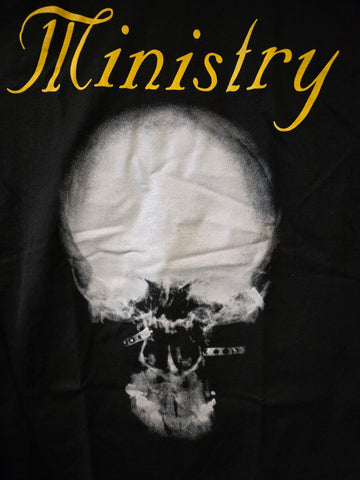 black tee with Ministry print in yellow and white skull xray imagery