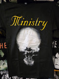 black tee with Ministry print in yellow and white skull xray imagery