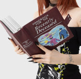Licensed Beetlejuice book shaped novelty handbag with text Handbook for the Recently Deceased with chain strap and snap closure