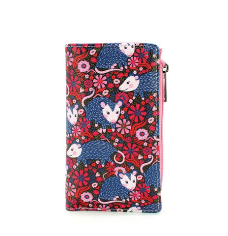 illustrated possums on wallet with pink and red flowers