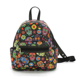 black vinyl mini backpack with colorful sugar skull all over print