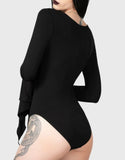 black deep v lace up front bodysuit with long sleeves and exagerated layered sleeves
