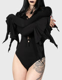 black deep v lace up front bodysuit with long sleeves and exagerated layered sleeves