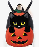 Black vinyl mini backpack with furry black cat in an orange pumpkin
