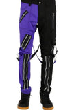 purple and black split leg bondage pants with zippers and straps