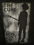 Licenced The Cure Boys Dont Cry black unisex tee with Robert Smith silohuette with guitar.