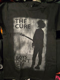 Licenced The Cure Boys Dont Cry black unisex tee with Robert Smith silohuette with guitar.