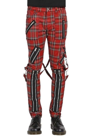 red tartan bondage pants with straps and zippers