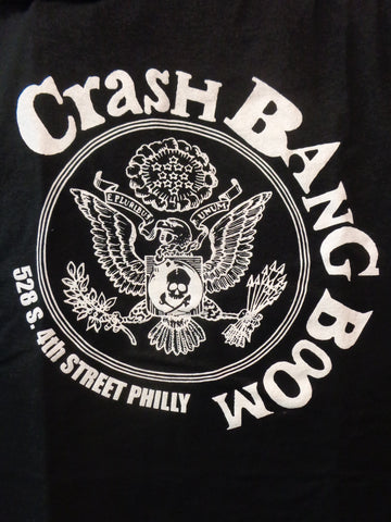 Crash Bang Boom black tee with Ramones like presidential seal logo printed in white