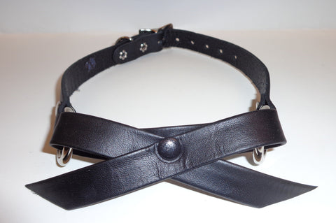 black leather choker with leather riveted bow and o rings buckle closure