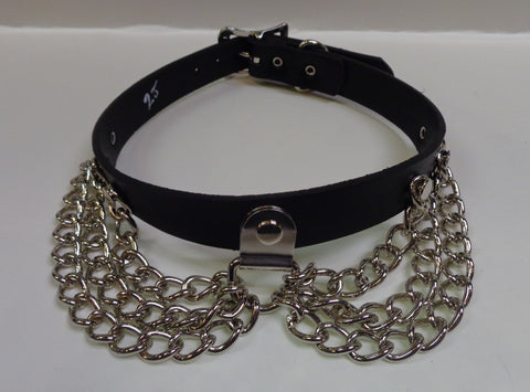 black leather BDSM collar choker with chains and buckle closure