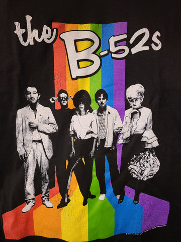 B52s band with rainbow color stripes black tee