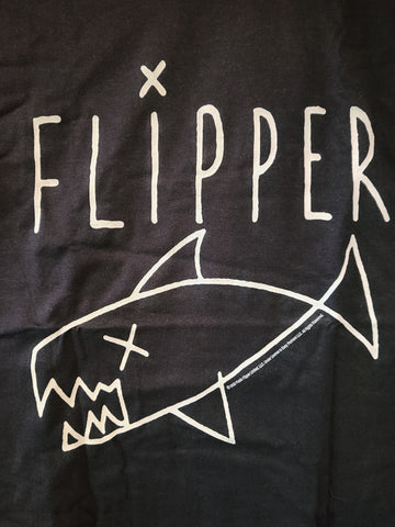 mens unisex black tee with white flipper shark logo