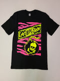 Black soft cotton tee with neon pink and neon yellow crash bang boom skull bomb logo pink lemonade 