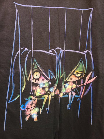 black tee with evil twin girls with on swingset