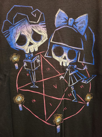 black tee with characters playing on a pentagram