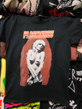 black tee with red lettering Plasmatics singer Wendy O Williams shirtless with black electrical tape over her bosoms