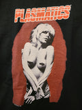 black tee with red lettering Plasmatics singer Wendy O Williams shirtless with black electrical tape over her bosoms 