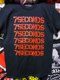 7 Seconds logo red print stacked vertically 6 times on black tee