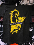 Yellow print on black tee band name joan jett and the blackhearts and joan jett jumping with guitar