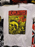 Exploited logo and Punks Not Dead red print fliers collage yellow on white tee