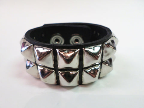 Black Leather Snap Bracelet with 2 rows of pyramid studs