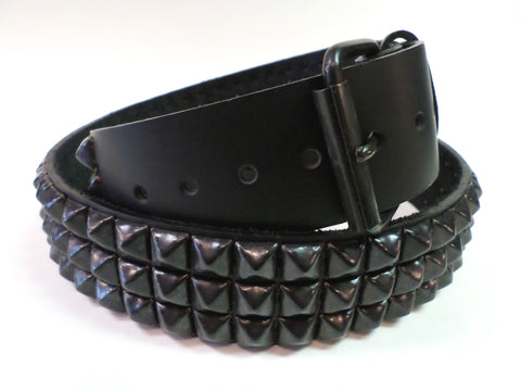 Black leather 3 row black pyramid stud belt with detachable buckle