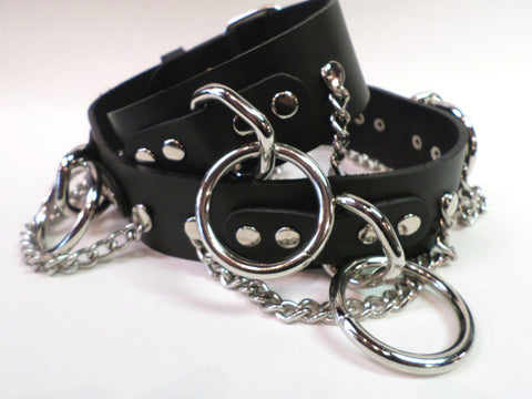 Leather Bondage Belt with Rings and Chains