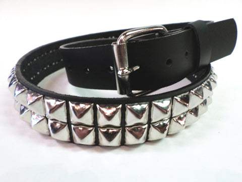 black leather 2 row pyramid stud belt with detachable buckle