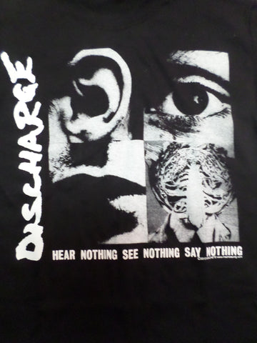 discharge black tee with hear nothing, see nothing and say nothing print with ear, eye and mouth 